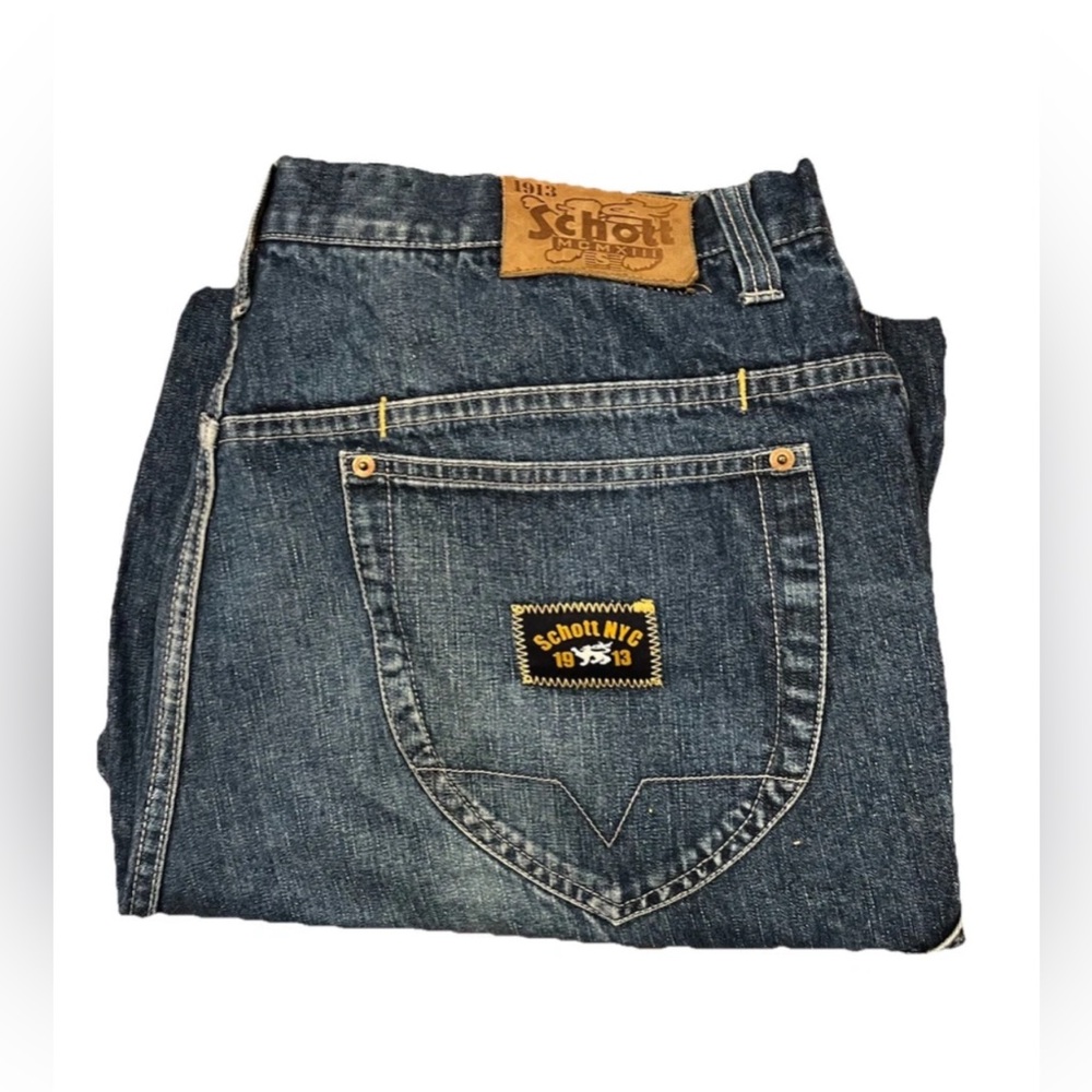 Vintage Schott NYC Jeans Mens 42x34 Baggy Relaxed Wide Leg Dark Wash Y2K Skater